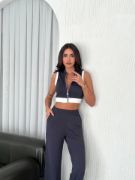 Osy Modal Yumuşak Dokulu Kumaş Tam Fermuarlı Crop Pantalon İkili Takım - Antrasit resmi